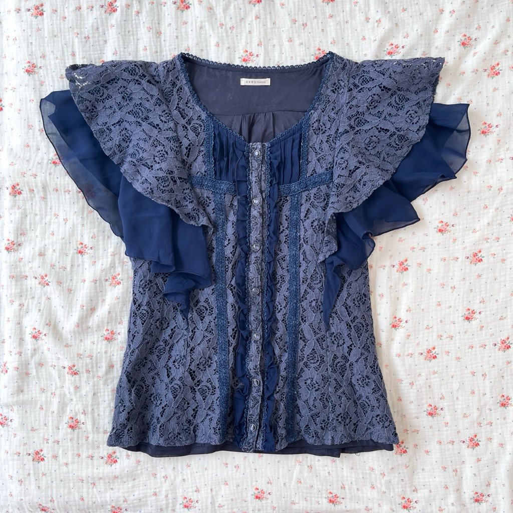Axes Femme vintage lace ruffle navy blouse butterfly flare sleeves slim fit body kawaii japanese fas