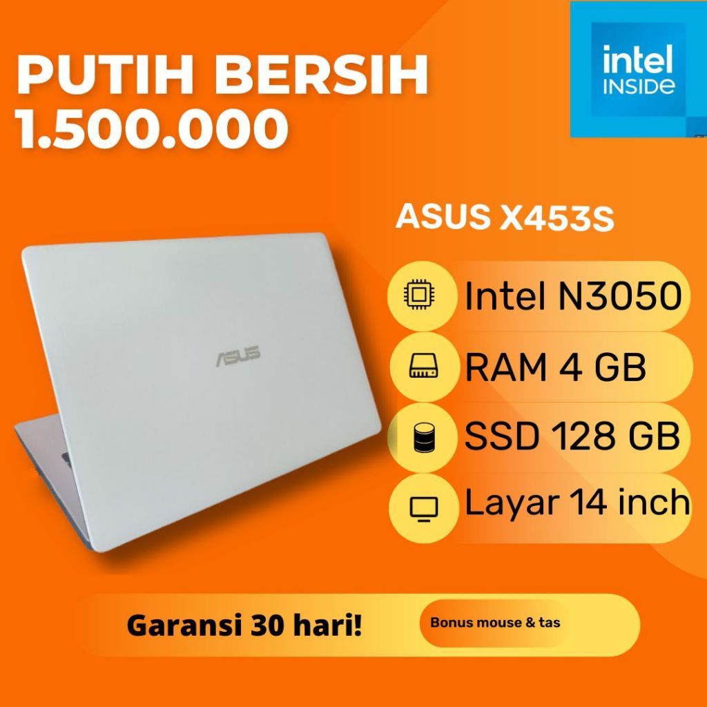 Laptop Asus X453S Warna Putih White Slim Tipis Intel Celeron N3050 RAM 4GB SSD 128GB Second Bekas