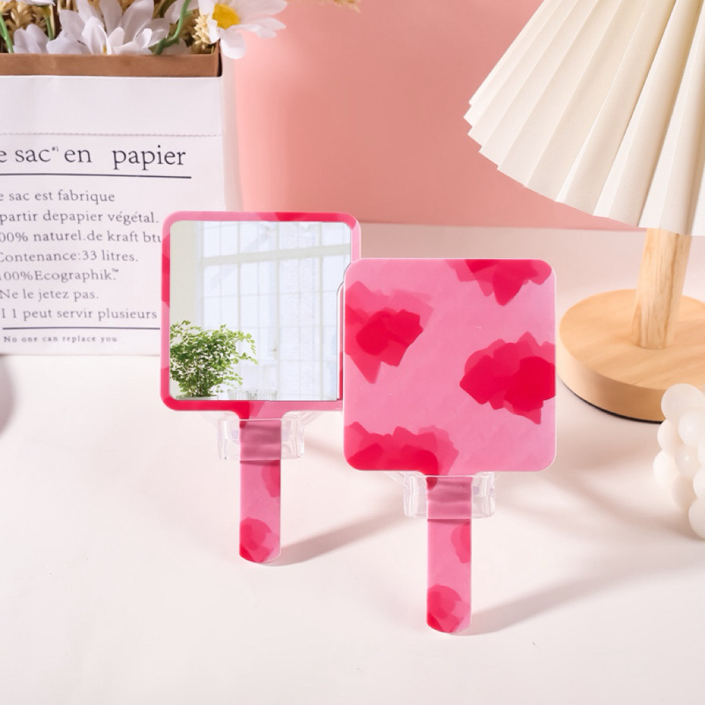 Cermin Kecil Kotak Abstrak Cermin Mini Korean Aesthetic - Pink