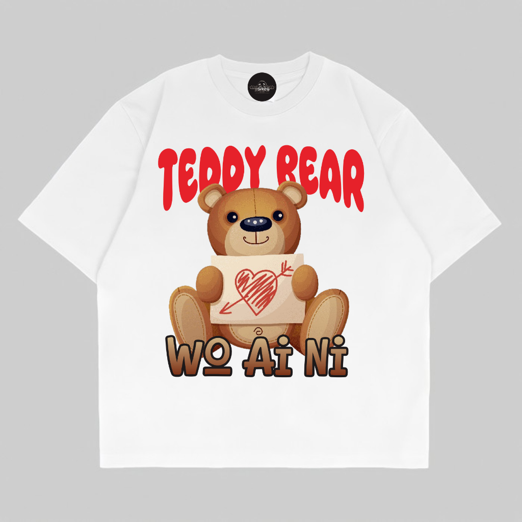 AA teddy bear WoAiNi kaos putih Bahan 100% Cotton Premium, Combed 24s