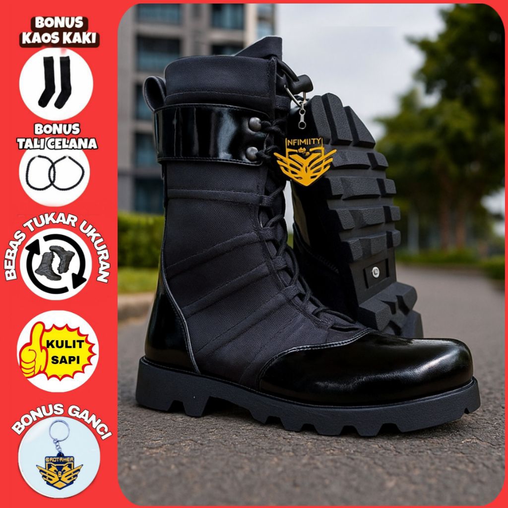 Sepatu Pdl Tni Polri sekurity bahan kulit sapi mengkilap Tapak Tebal Merk Brotrher thitan Radial Kil