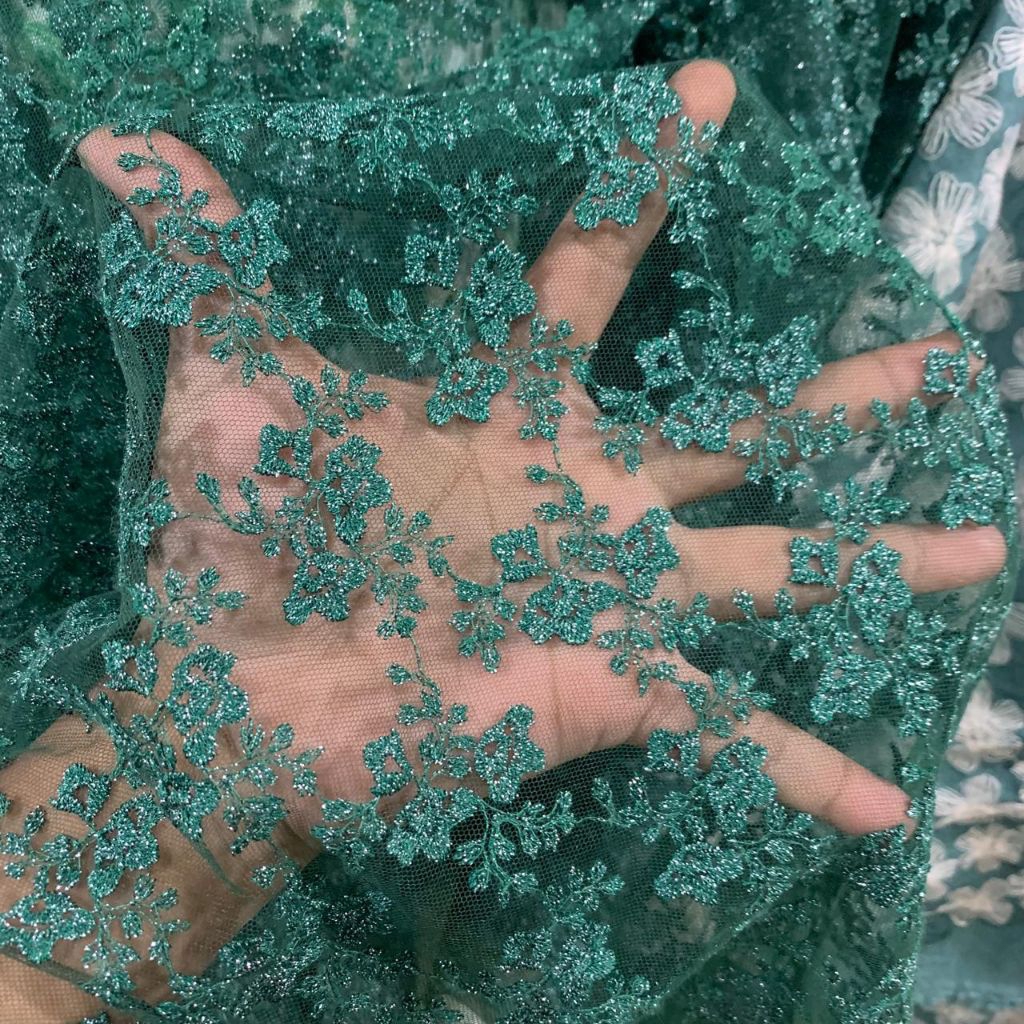 kain tulle bordir premium - bordir tulle emerald - kain tulle bordir emerald edition