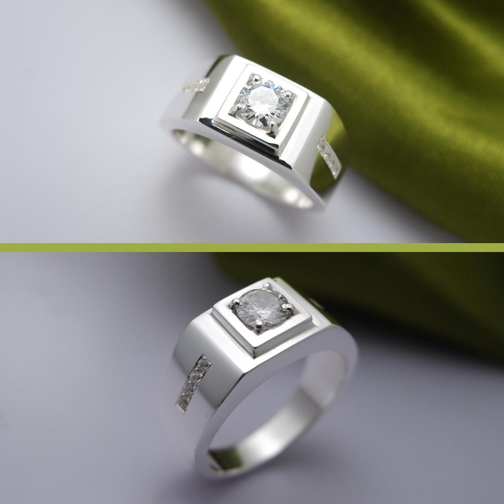 Cincin Pria Perak Asli 950 Ikat Batu Akik Permata White Topaz Custom Ukuran Ring EB19 | San950 Handm