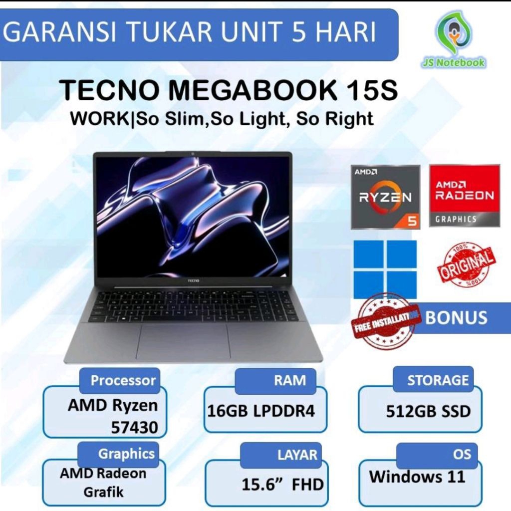 TECNO MEGABOOK K15S RYZEN 5 7430 16GB 512GB W11 15.6 FHD IPS SLV