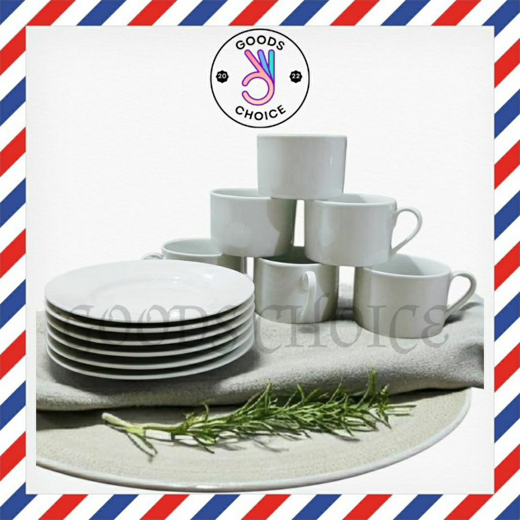 [GC] 12pcs Cangkir Piring Set Keramik / Gelas Cafe Putih Polos / 6pcs Gelas 6pcs Tatakan Piring
