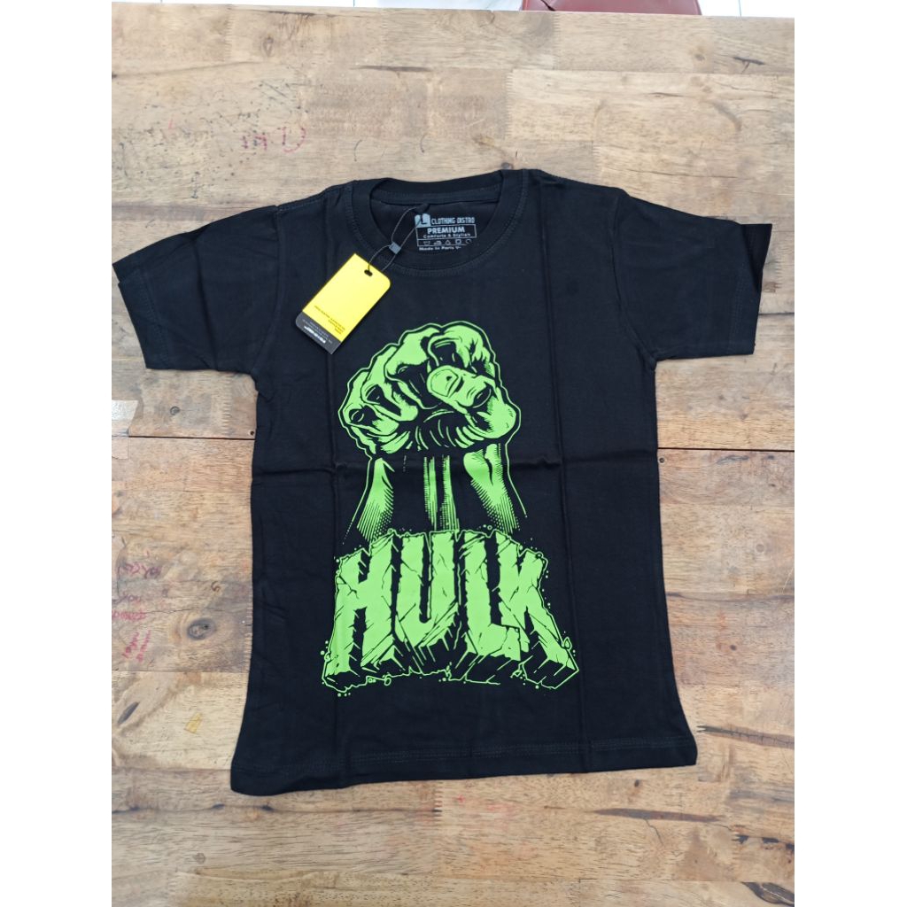 Baju Kaos Anak Motif Tangan Hulk, Warna hitam.Bahan Katunn adem