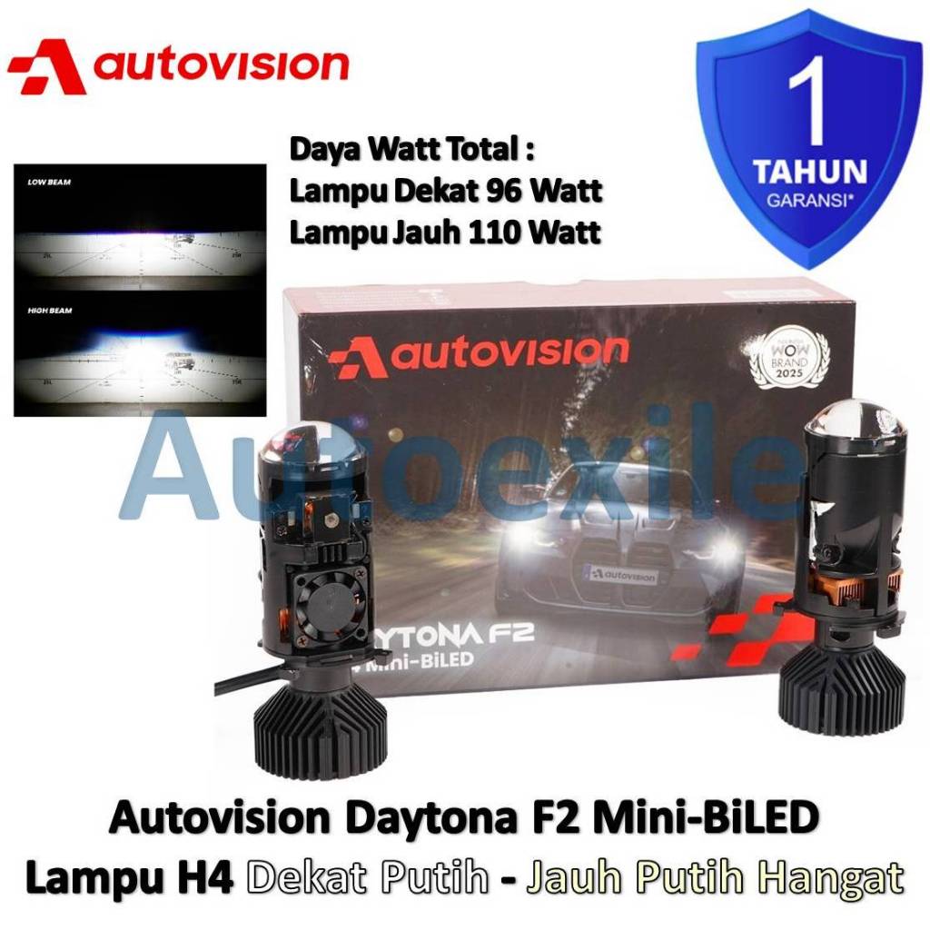 Autovision Daytona F2 Mini BiLED H4 Lampu Dekat Putih - Lampu Jauh Putih Kekuningan Hangat FCO Flat 