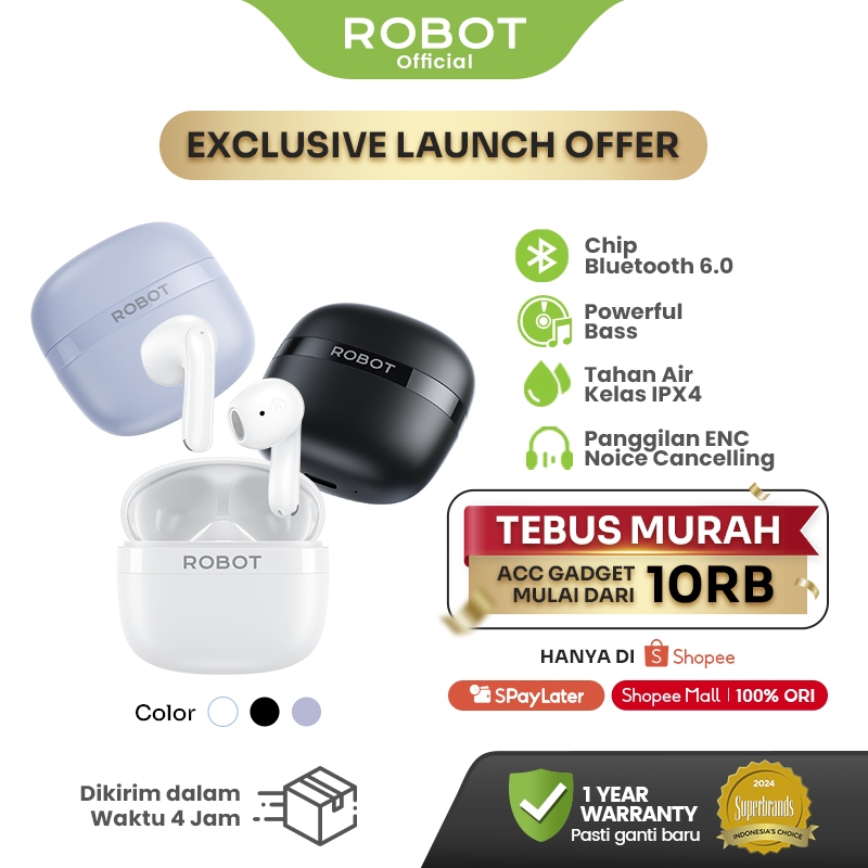 [SPECIAL LAUNCH] ROBOT TWS Wireless Earphone Airbuds New T50E Original Bluetooth 6.0 True Wireless H