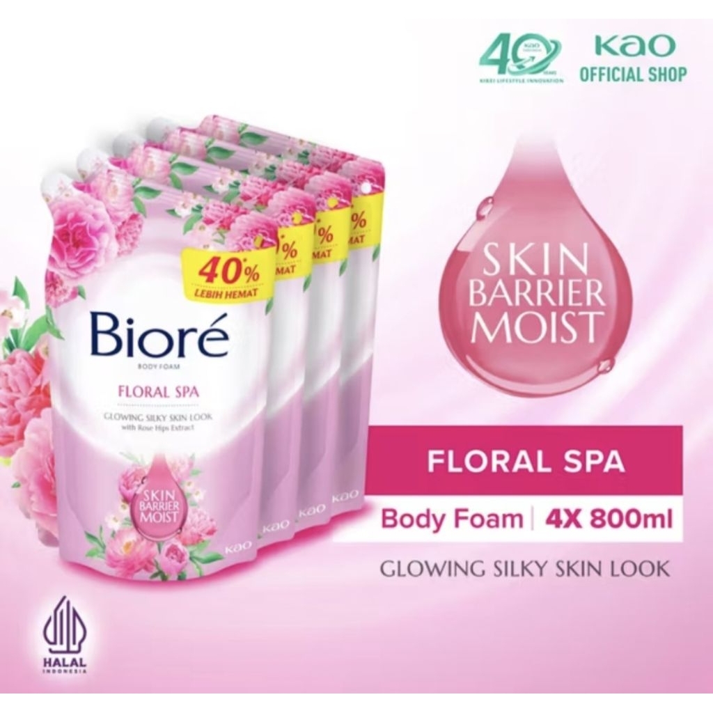Biore Sabun Mandi Cair Body Foam Mineral Floral Spa Pouch 800ml Four pack - Body Wash Lebih Hemat 5 
