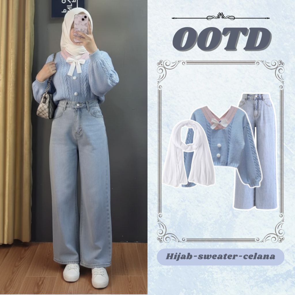 One Set Korean Style OOTD (HIJAB-SWEATER-CELANA),One set Wanita Korean Style 3in1 Hijab OOTD Outfit 