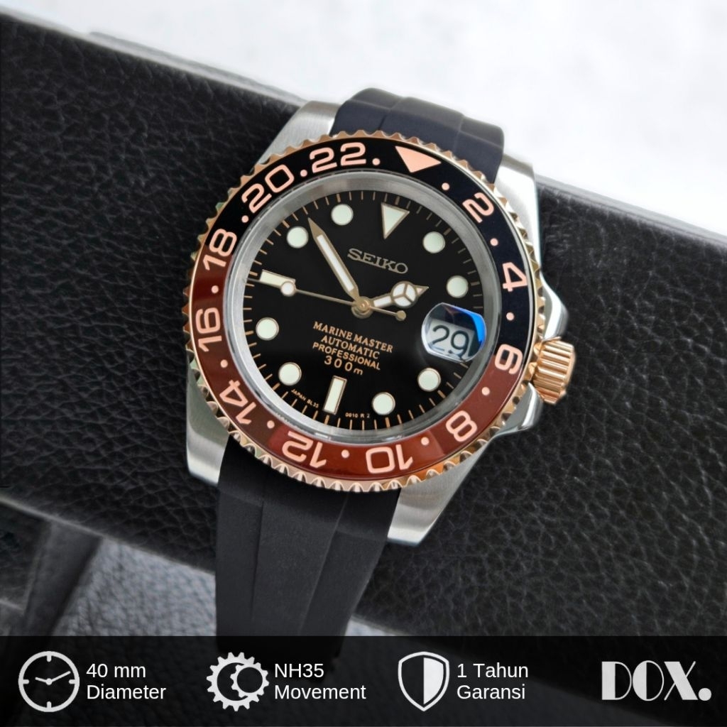 Jam Tangan Seiko Rootbeer Two Tone NH35 Automatic 40mm Seikomod Submariner Strap Rubber Kaca Sapphir