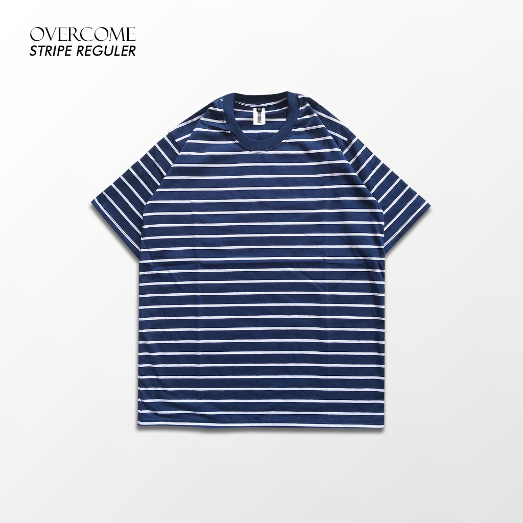Kaos stripe pria garis putih basic navy lengan pendek unisex