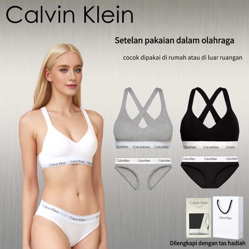 Set pakaian dalam wanita Calvin Klein asli-Set bra olahraga dan celana bikini -Setelan katun murni