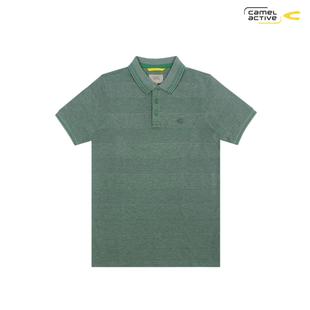 camel active Men's Green  Stripe Jacquard Cotton Polo Shirt