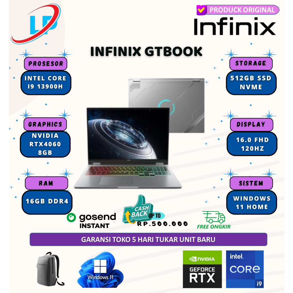 INFINIX GTBOOK i9 13900H Rtx4060 8gb 16gb 512gb w11 16.0 fhd 120hz 100srgb