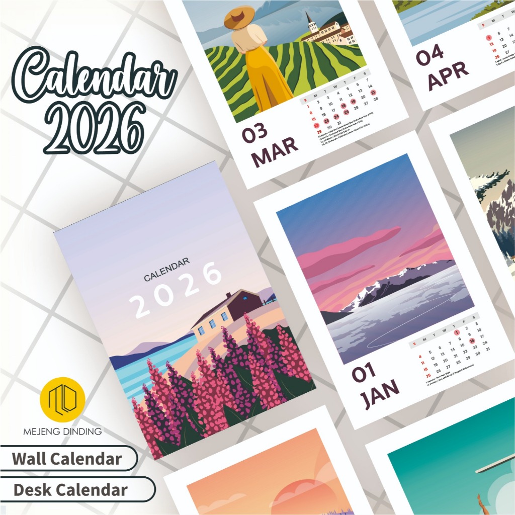 Kalender 2026 Motif Pemandangan Aesthetic / Kalender Dinding 2026 / Kalender Meja 2026 /  Kalender 2