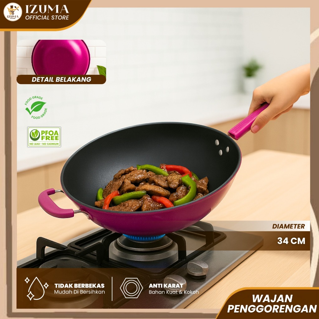 IZUMA Wajan Penggorengan Wok Pan Anti Lengket 34cm – Wajan Warna Ungu Gagang Ergonomis, Anti Karat