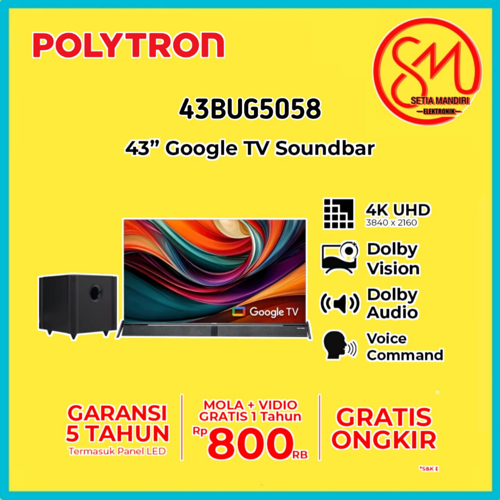POLYTRON 4K UHD Smart Google TV 43 Inch PLD 43BUG5058 Dolby Vision + Soundbar & Soundwoofer
