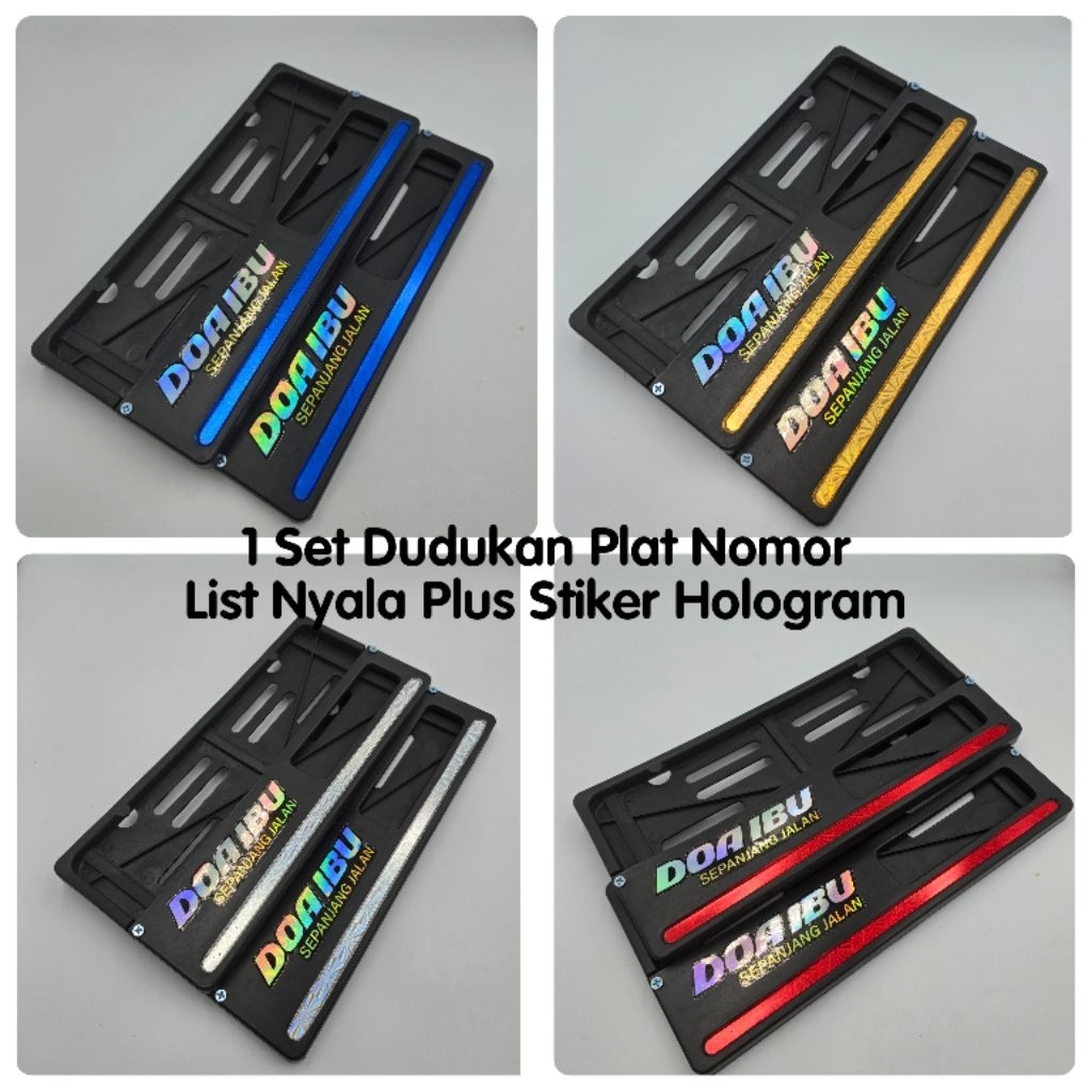 Sepasang Dudukan Plat Nomor Motor List Warna Nyala Plus Stiker Hologram Doa Ibu Sepanjang Jalan - Va