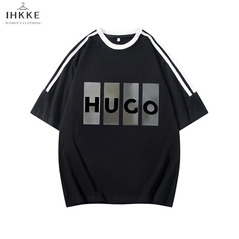 IHKKE Kaos Stripe Wanita/Persegi Panjang Gradien Alfabet HUCO Cetak Pola Graffiti T shirt/Baju Belan