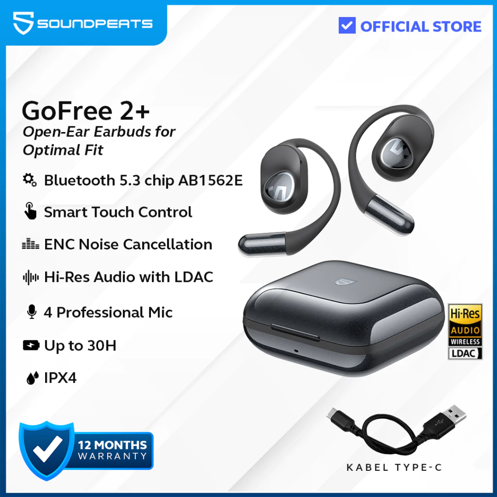 SoundPEATS GoFree 2+ Open Ear Earbuds for Optimal Fit Earphone TWS