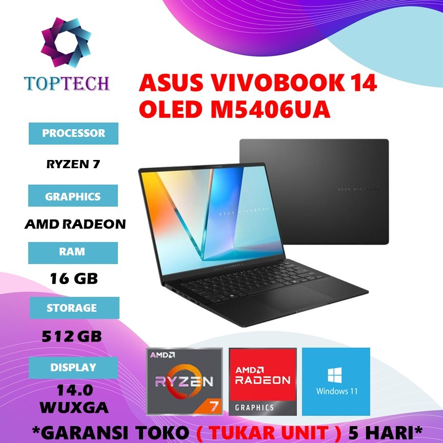 LAPTOP ASUS VIVOBOOK 14 OLED M5406UA RYZEN 7 8845HS RAM 16GB SSD 512GB W11+OHS 14.0 WUXGA BLK -OLED7