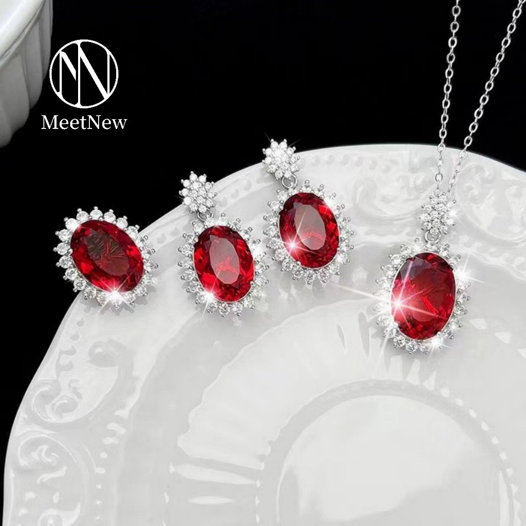 MNS40R Anting Batu Permata Berwarna Eropa dan Amerika Set Ruby Berkualitas Tinggi Liontin Zirkon Seu