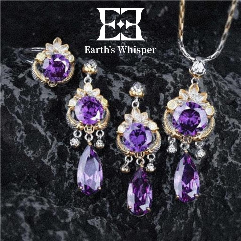 EWS27U Set Perhiasan Gaya Istana Retro Pisces dengan Anting-Anting Liontin Batu Permata Berwarna Cin