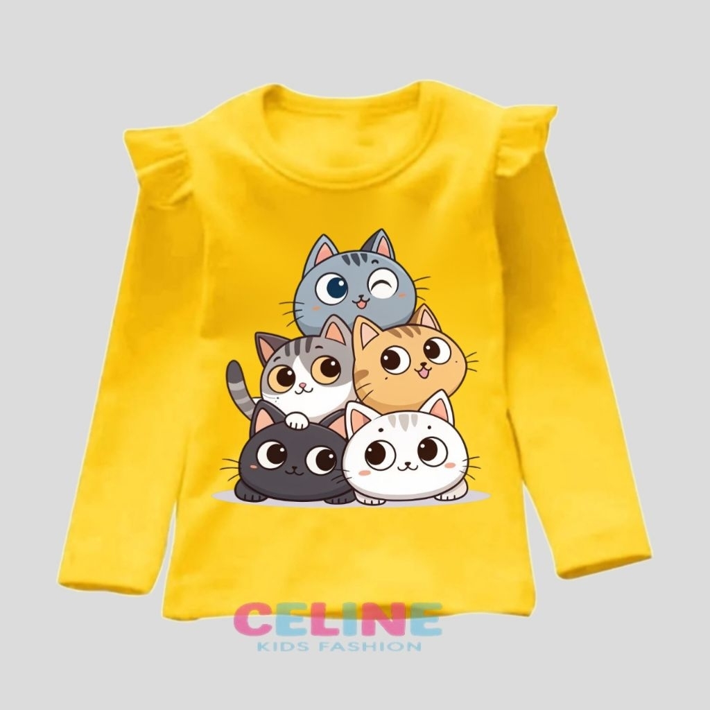 Baju gambar kucing kaos anak perempuan lengan panjang MEOW