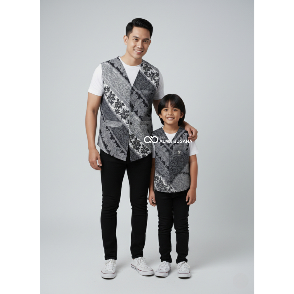 Couple Vest Batik Ayah dan Anak Laki Laki Outer Rompi Batik Lapis Furing Motif Lavender Abu
