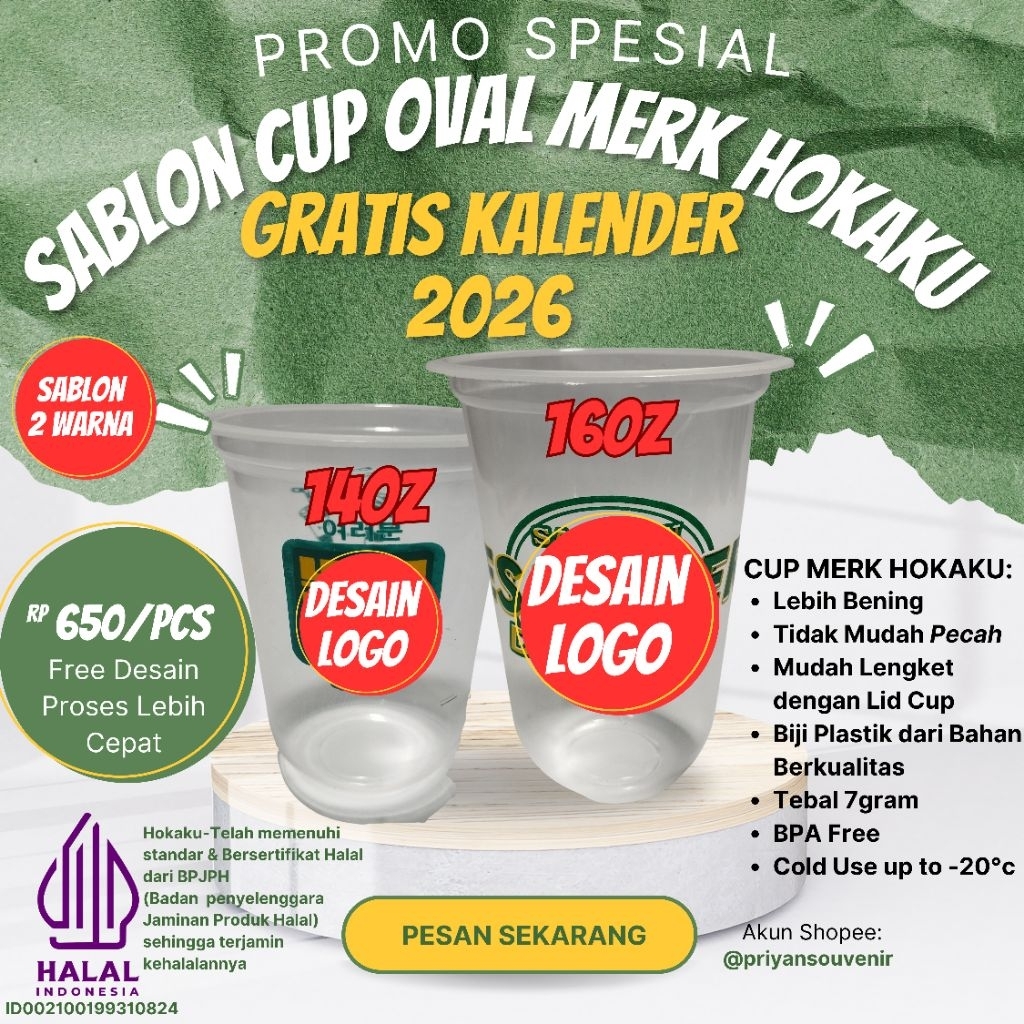 gelas minuman oval  cup boba sablon 2 warna minimal order 500pcs