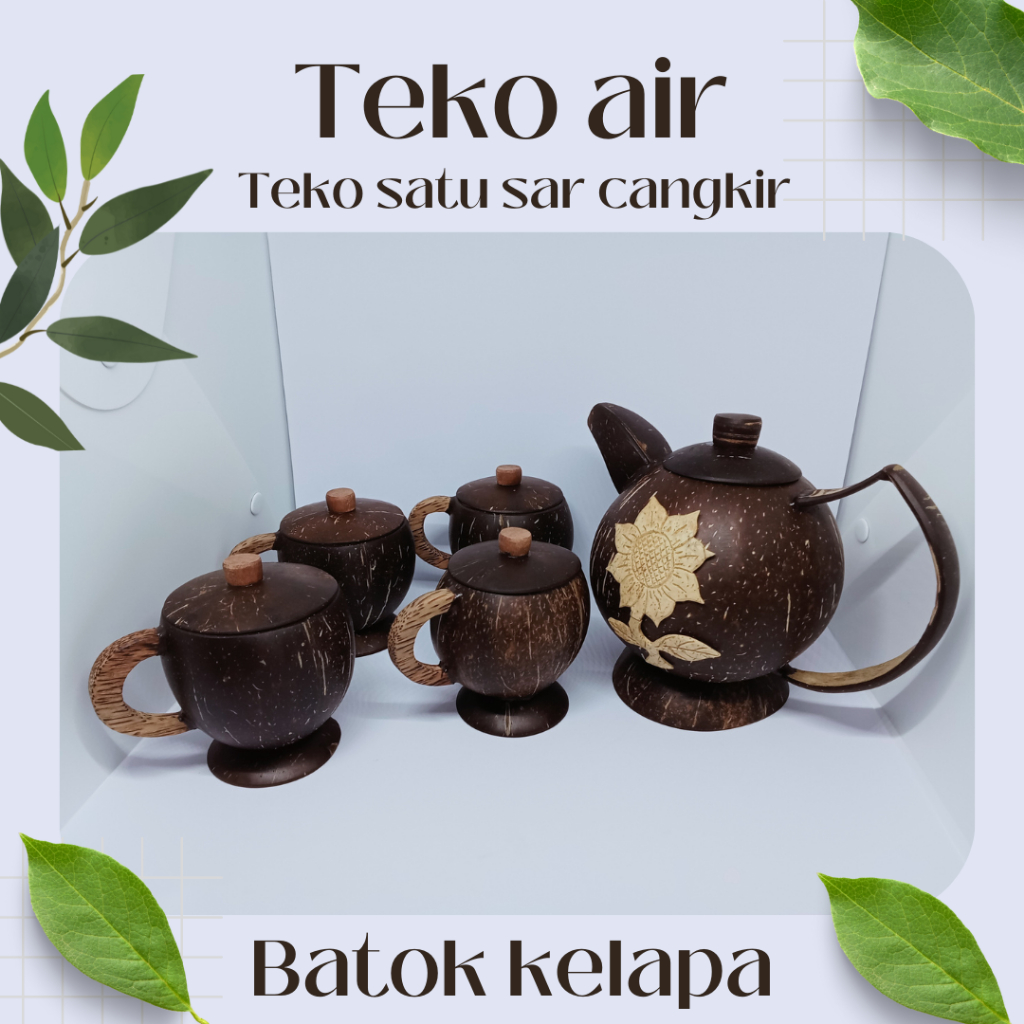 teko satu set dengan gelas astetik teko batok kelapa satu set 4pcs cangkir batok teko isi satu liter