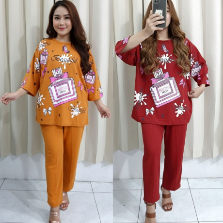 setelan wanita lengan 7/8 bahan adem motif PARFUM celana panjang pakaian perempuan dewasa