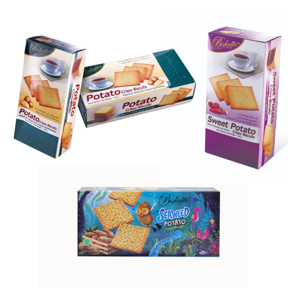 BISKOTTO ONION CRISPY 160 GR X 18 KOTAK (1 KARTON) POTATO SEAWEED SWEET POTATO SPICY POTATO