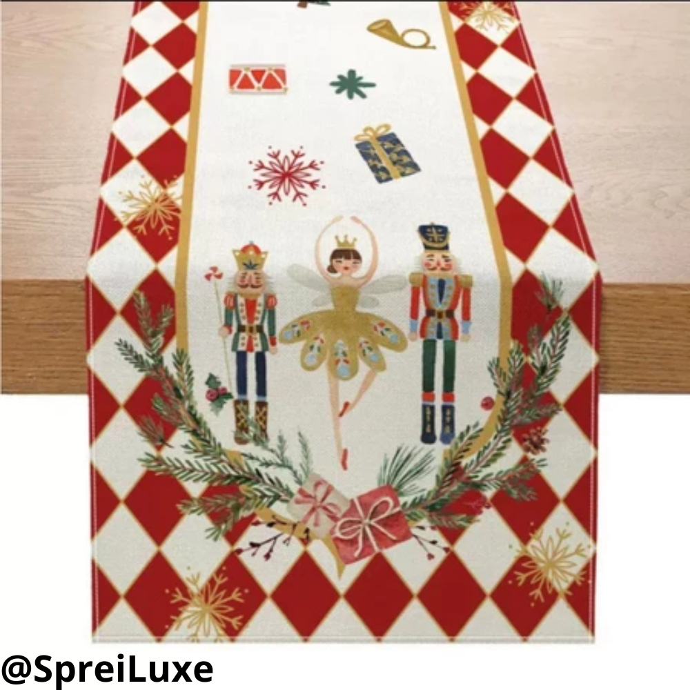 Table Runner Christmas Motif Natal Nutcracker Taplak Meja Makan Kain