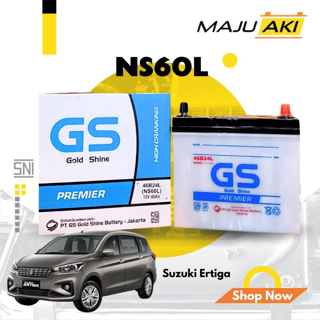 Aki Mobil Suzuki Ertiga Aki Basah GS Gold Shine Dry Charge Premier NS60L 12V 45Ah