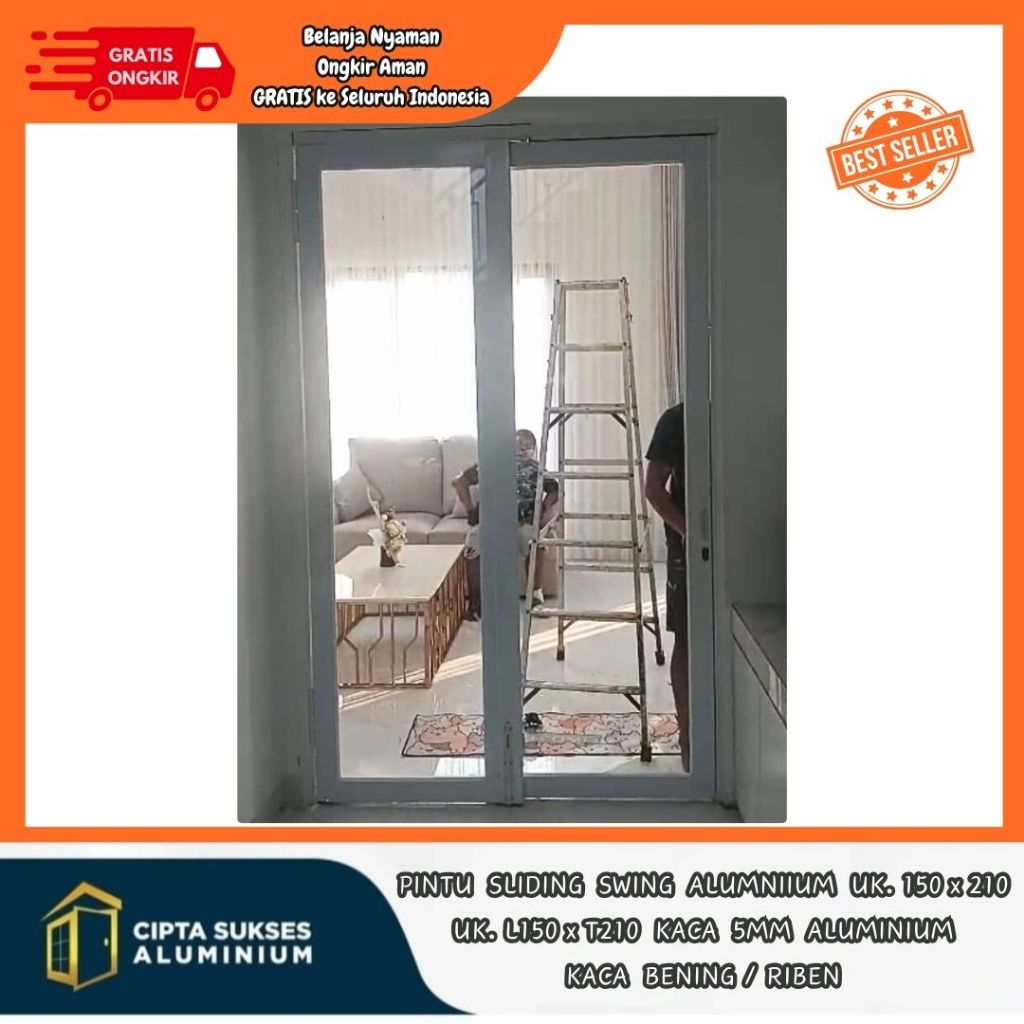 pintu sliding swing 2 daun ukuran 150x210 aluminium terbaru csa bergaransi kusen pintu aluminium kac