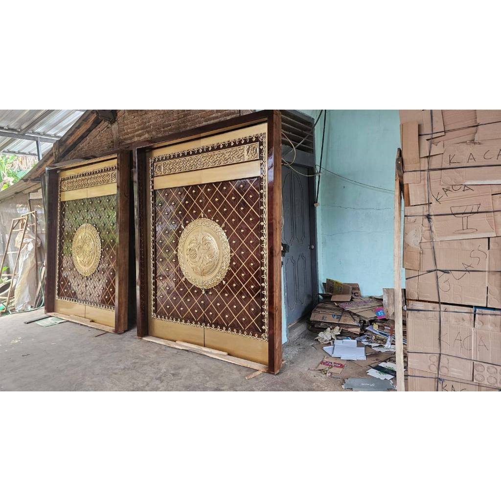 Pintu Masjid Nabawi Ukuran 200 x 220 cm Ukiran Kayu Jati Tua Terbaru