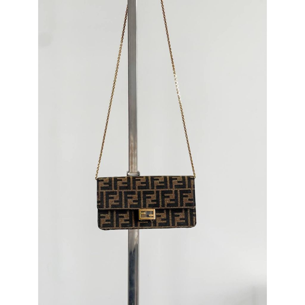 FENDI Jacquard FF Wallet On Chain Dark Brown Tobacco