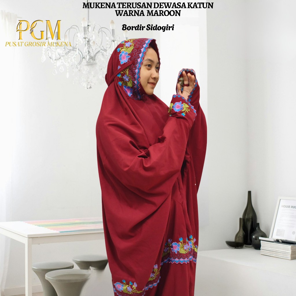 Mukena Terusan Dewasa Bahan Katun Mikro Warna Dasar Maroon Motif Bordir Bunga Sidogiri Indah