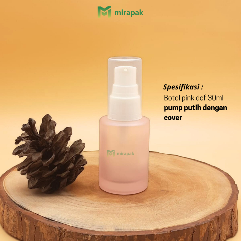 BOTOL PUMP LOTION 30ML PINK TRANSPARAN BAHU DATAR KACA TEBAL - TUTUP PUMP PUTIH FULL COVER BENING - 