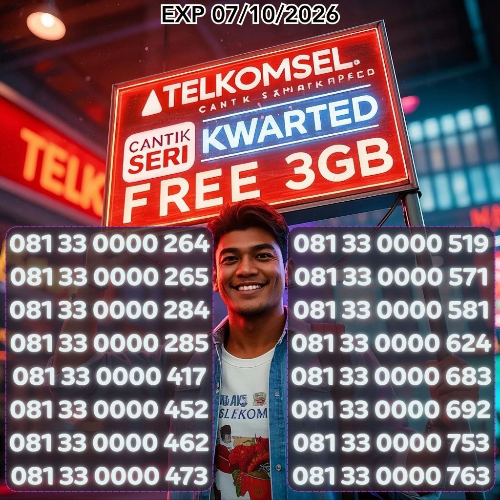 Nomor Cantik Telkomsel KWARTED Seri 081 33 0000 XXX Bonus 3GB Harga 129ribu