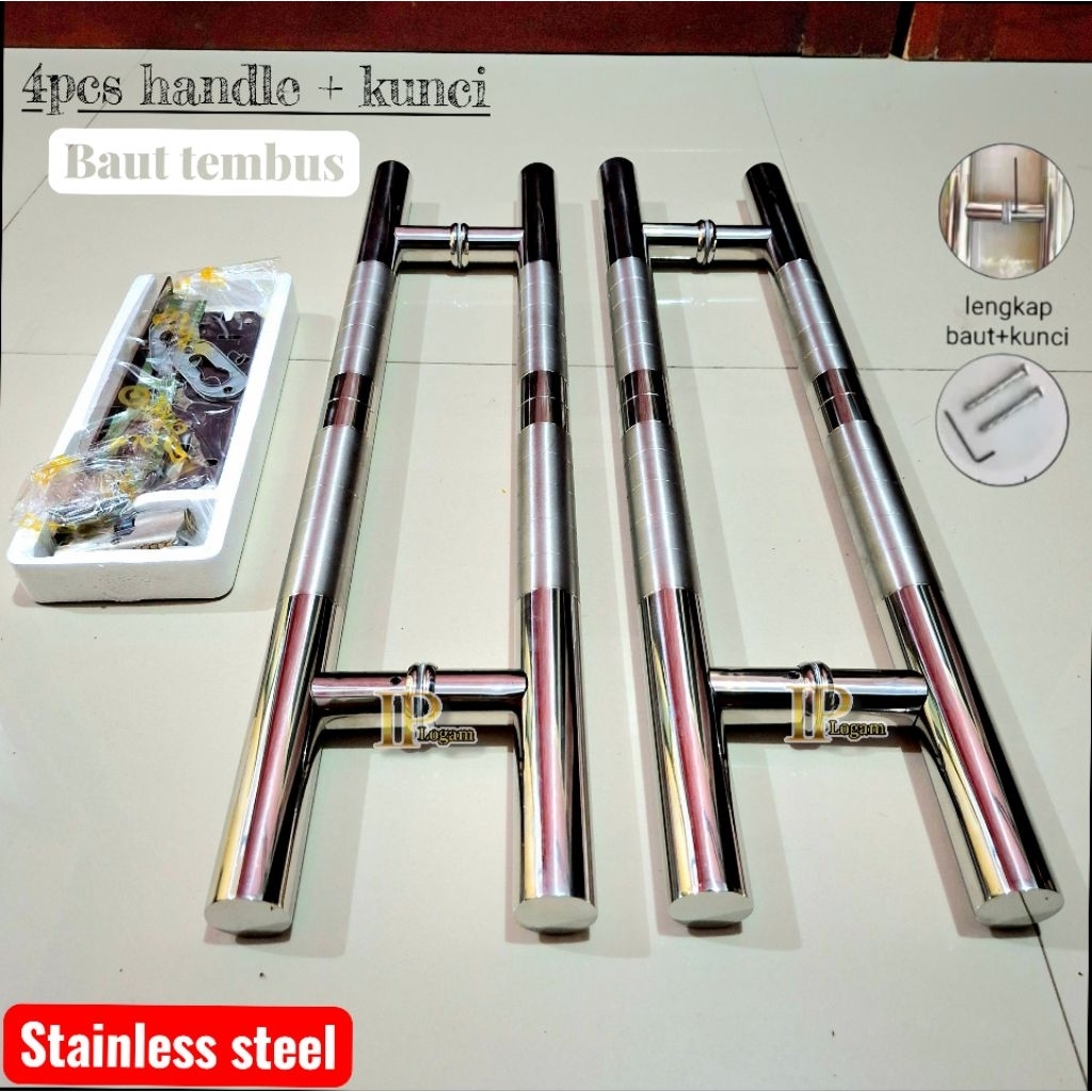 4pcs Handle Pintu Rumah Baut Tembus Model Bulat Chrom Doff Stainless Steel Anti Karat Gagang Pintu B