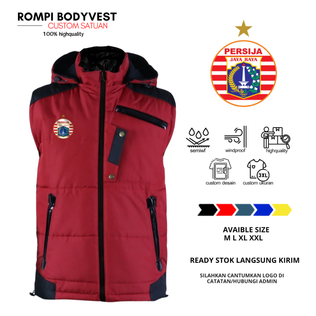 Rompi Parasut 3 LAPIS Persija Jakarta Pria | Vest Jaket Hoodie Lepas Pasang | Custom Logo Bola