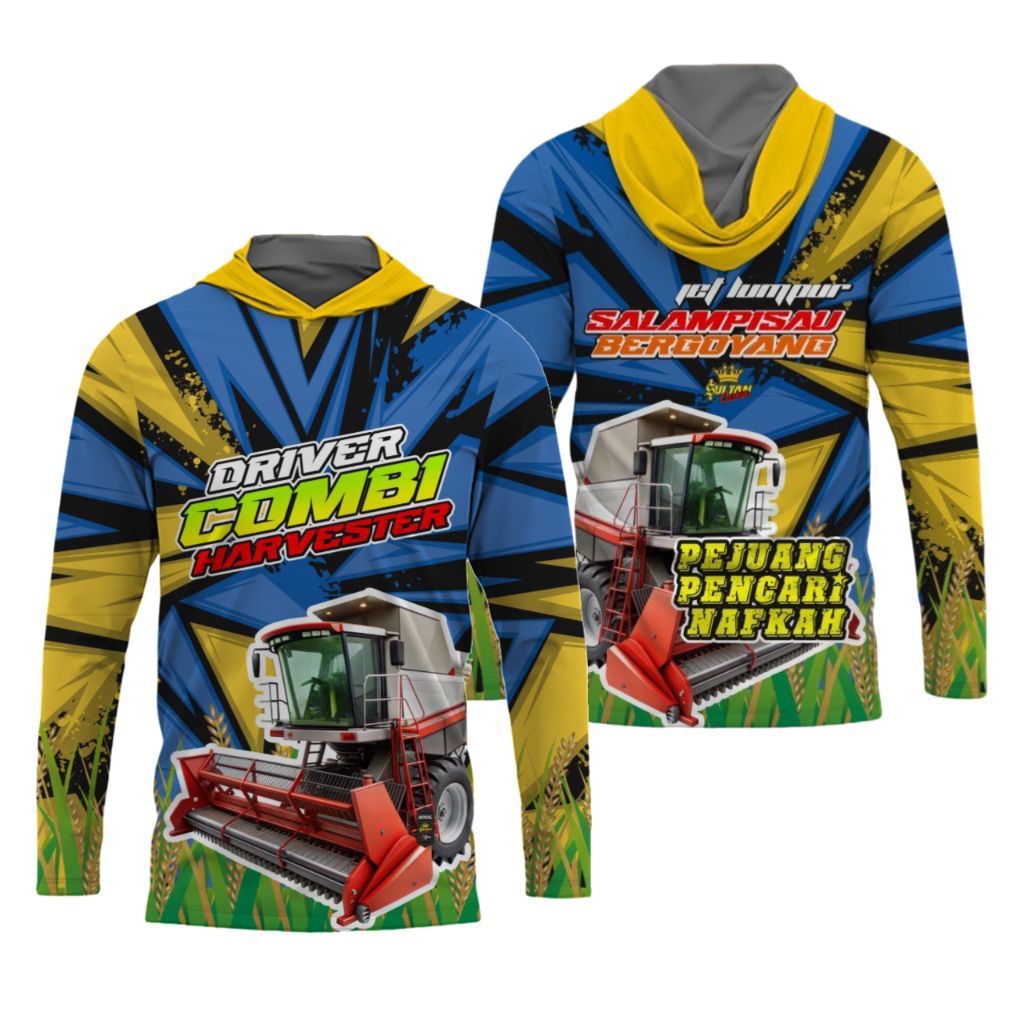 Baju Kaos Jersey Combine Harvester Full Printing Kupluk Lengan Panjang