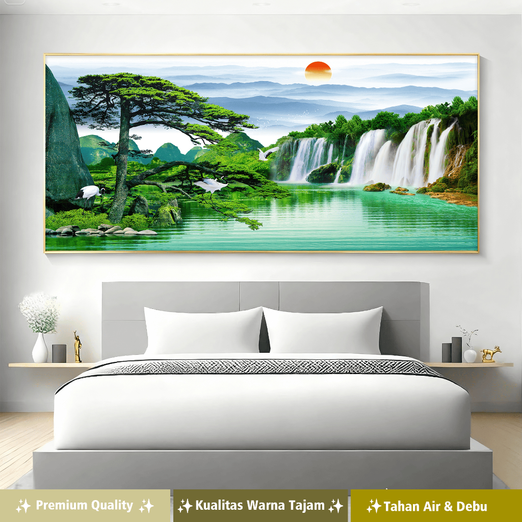 DD Hiasan dinding lukisan canvas + pemandangan danau hijau dan air terjun