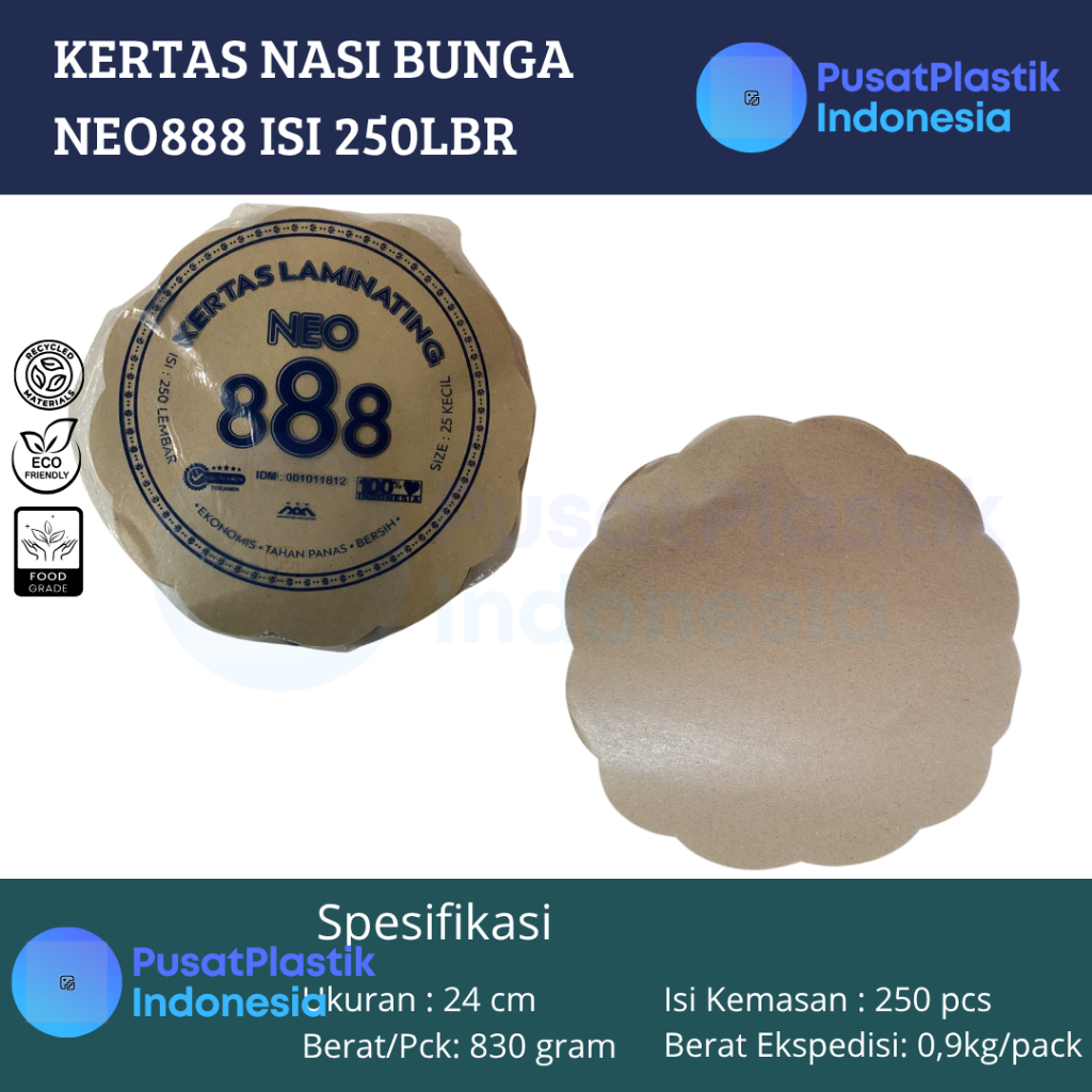 Kertas Nasi Coklat Bunga Bulat | Kertas Alas Piring Lidi Rotan NEO888 BIRU @250 Lembar