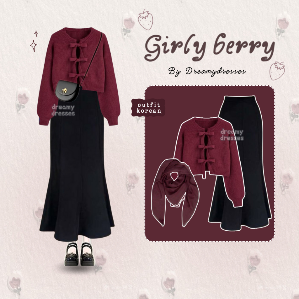 dreamy - 3in1 One Set Korean Style Outfit Ulzzang Outfit Maroon Style Kekinian Stylish Cute Set 315