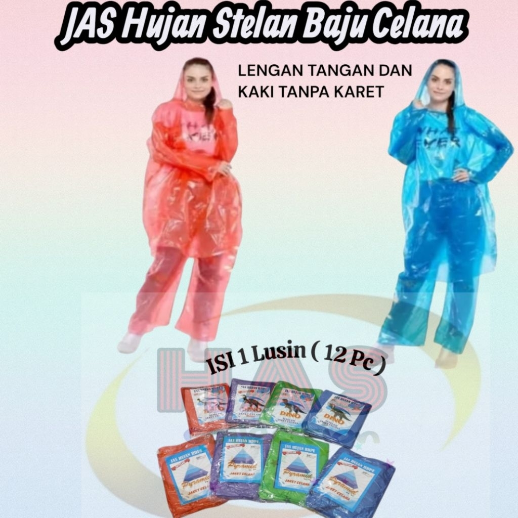 1 LUSIN (ISI 12 PC) Jas hujan Plastik Merk PYRAMID / DINO Jaket celana WARNA RANDOM