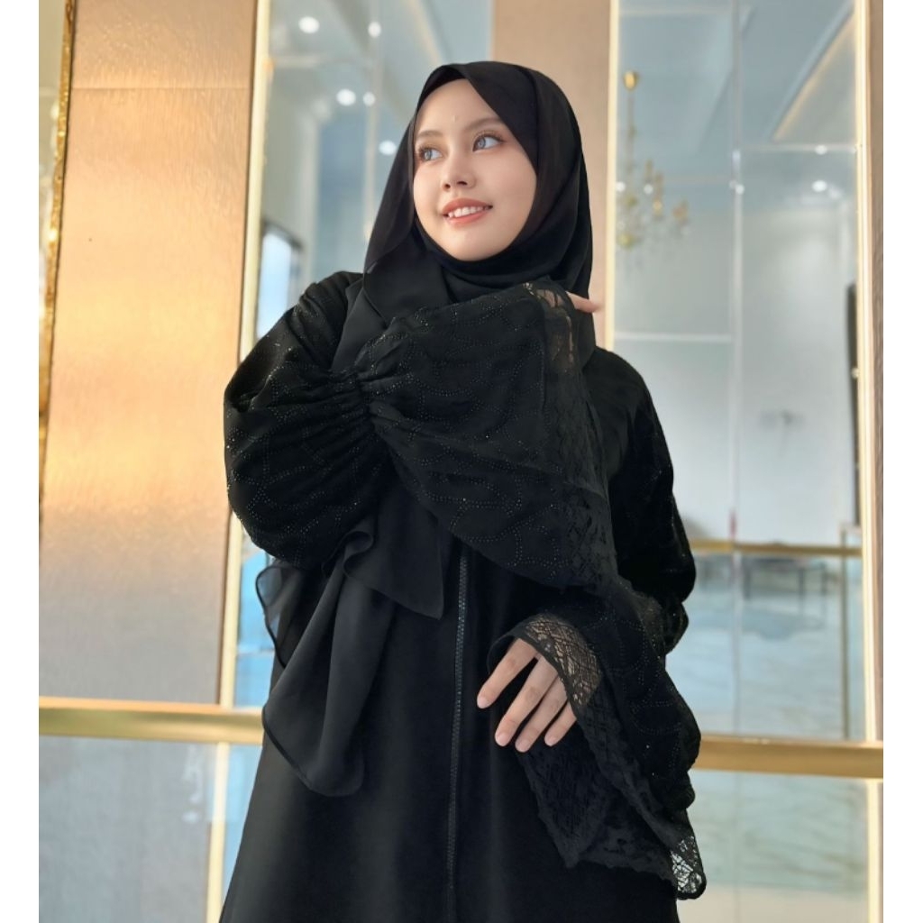 ABAYA NAJMA 2 IN 1 FULL RESLETING ZIPER BAHAN JETBLACK KOMBINASI RENDA DAN MATA BLINK HITAM ALKHATIB